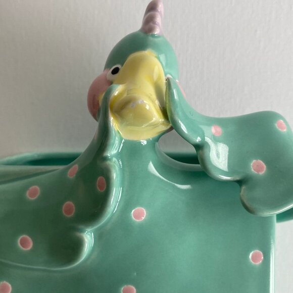 Fitz and Floyd Fantasy Fair 1985 Dora Duck Green W/Pink Dots Pen Holder - Vase - Picture 4 of 10